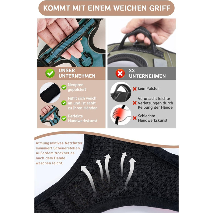 Нашийник для собак BaoCheng Anti Pull, дихаюча сітка, 3 пряжки, безпека, полегшення кашлю, світловідбиваючий, M, темно-зелений