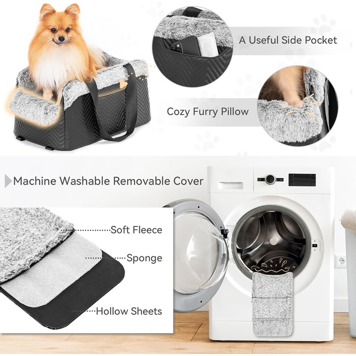 Автокрісло для собак PETSFIT на середню консоль, переносне, чорне, з безпечними гачками та покращеними ременями безпеки для малих собак до 5 кг, люкс