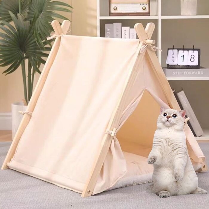 Будиночок для котів Shakub, м'яке котяче ліжко з іграшкою, 60x55x63 см, бежевий, для котів і малих собак, праний