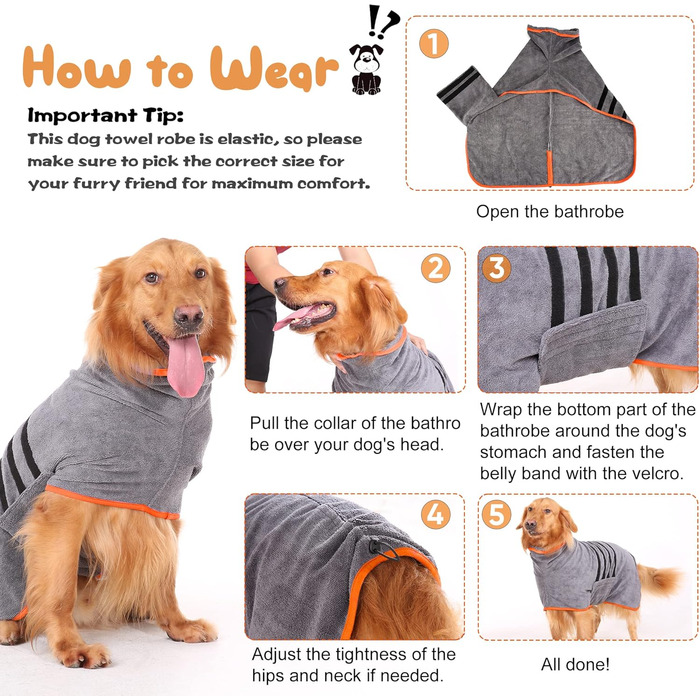 Рушник для собак, мікрофібра, середні та великі породи - сірий, швидке сушіння, супер вбирання, для собак та котів (чорний), XXL, сірий (помаранчевий бік)