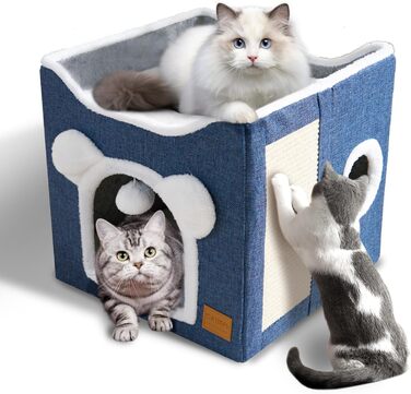 Складаний котячий будиночок-ліжко для домашніх котів, двошаровий куб 40x40x38 см з когтеточкою та м'ячиком, м'який багатофункціональний дім для кота