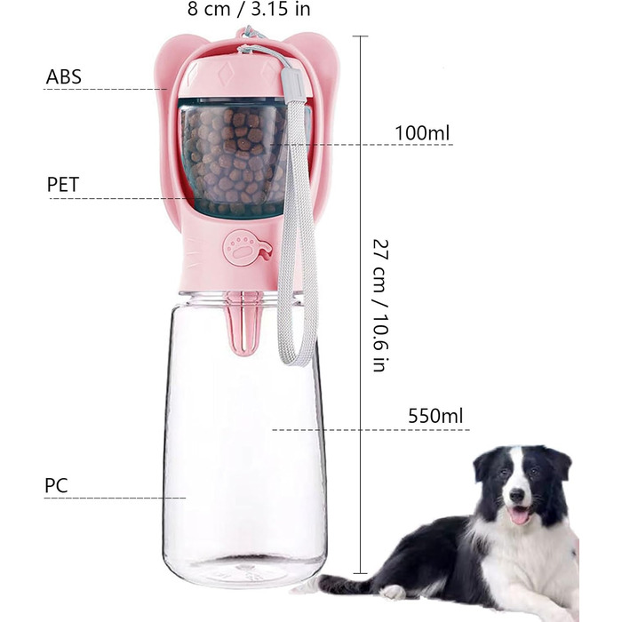 ДомКім портативна пляшка для води та корму для собак, 550 мл, рожева - для прогулянок, подорожей, цуценят