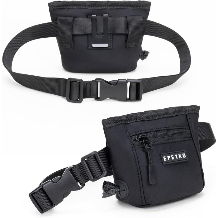 Сумка для ласощів для собак з металевим кліпом на ремінь, міцна застібка-магніт, велика місткість, диспенсер для пакетів для вигулу (чорний)