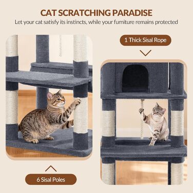 Драбина-кіготь для котів Kratzbaum Groß 216 см, XXL, стабільна з краш-стовпцями, 2 затишні будиночки, 2 платформи, 2 кошики, гамак, для дому, FPMS007FG1 (50x40x175 см, темно-сірий)