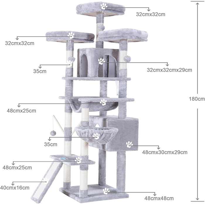 Великий котячий будиночок Hey-brother Kratzbaum XXL, 180 см, сірий. Стабільний котячий комплекс з сизалевим мотузком, великою дряпалкою, корзиною, 3 платформами та 2 будиночками. EMPJ034W