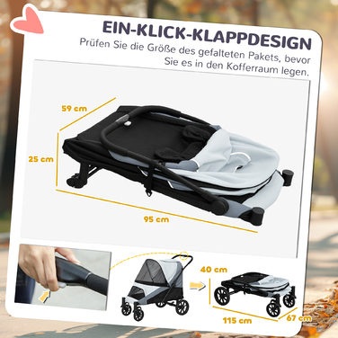PawHut Коляска для собак Dog Buggy складна для великих собак і кішок до 30 кг Баггі для кішок з подушками Сітчасті вікна Двері Сумка для зберігання Котяча коляска з страхувальними тросами, гальмами, баггі Сірий | Аосом