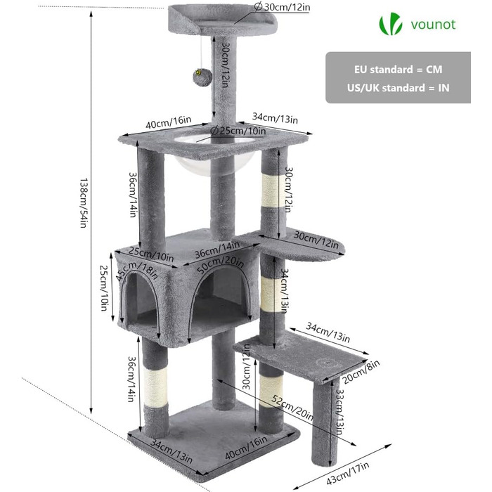 Когтеточка для котів Vounot XXL 215 см, багатоярусна, з гамаком та корзиною, сірого кольору