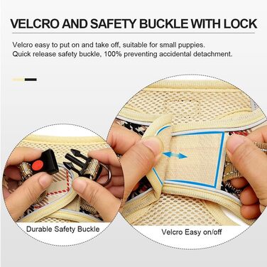 Нашийник для собак маленьких порід з повідком, анти-тягнучий, світловідбиваючий, дихаючий, нагрудник для цуценят (Бежевий, S, Обхват грудей: 29-33 см)