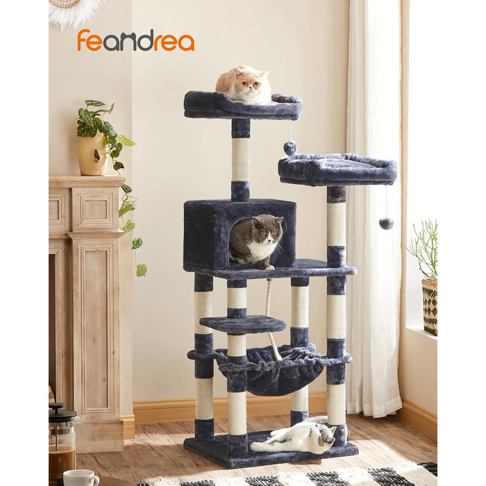 Дряпка для котів Feandrea, 143 см, 11 стовпчиків, 2 платформи, будиночок, гамак, 2 м'ячики, плюш, багаторівневий, димчасто-сірий