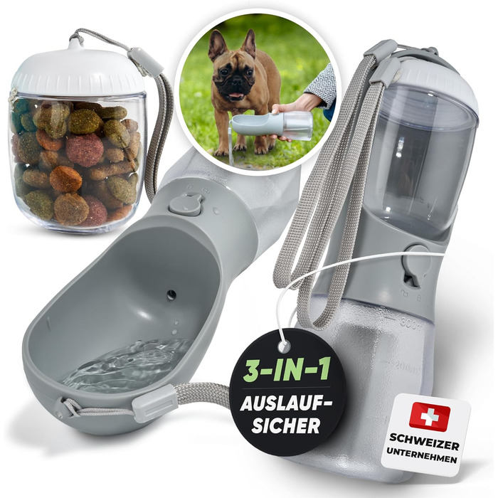 Поїлка-фляга для собак 300 мл - 3 в 1 | Фляга для води для собак, виготовлена з BPA-free матеріалу, з функцією автоматичного наповнення | Підходить для маленьких та середніх собак, сірого кольору