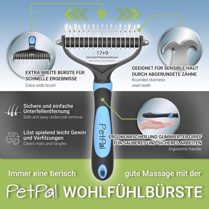 Щітка для підшерстка собак та котів - преміум якість, для догляду за шерстю, полегшує линьку, масажна, видаляє підшерсток та ковтуни, ідеальна для тварин та коней, 72мм, блакитна