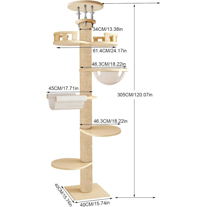 Кігтеточка для котів Katzenbaum висотою 3 м, 6 рівнів, з оглядовим майданчиком та гніздом, для великих котів, активний комплекс для дому та саду