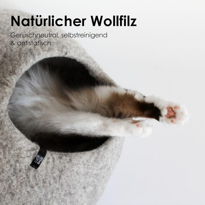 Преміум котяча печера LucyBalu® з фетру | Натуральне котяче ліжко з 100% пухкої вовни | Фетрова печера для котів ручної роботи в Непалі | Затишна котяча печера | 45x45x28 см | Білий