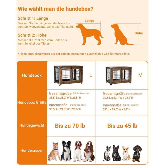 Кіяпа - Будка для собак у дім з подушкою, сучасна будка для собак з двома дверцятами та колесами, для великих собак до 70 кг, 98x64x68 см, (Рустичний коричневий, L)