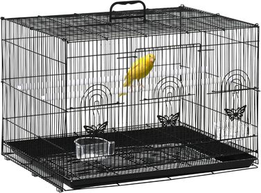 Клітка для птахів PawHut 60x41x41 см, металева, з годівницями, 2 жердинки, 3 дверцята, ручка для перенесення, для маленьких птахів, канарок, папуг, чорна