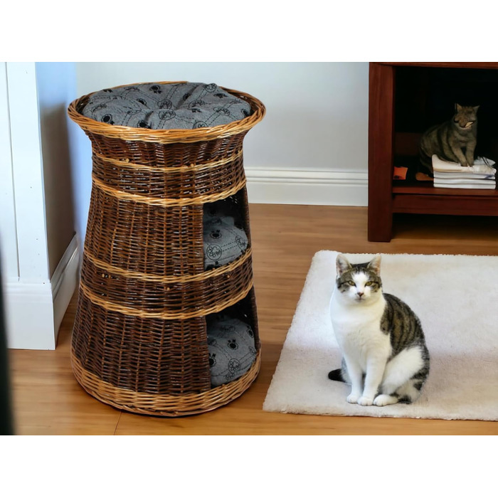 Корзина для котів для сну – котяча хатинка для дому – розмір 43 x 49 x 70 см, кругла – котяча печера з лози, трирівневе ліжко для собак або котів з пральним подушками в бежевому кольорі – лакована корзина (подушка світло-сіра)
