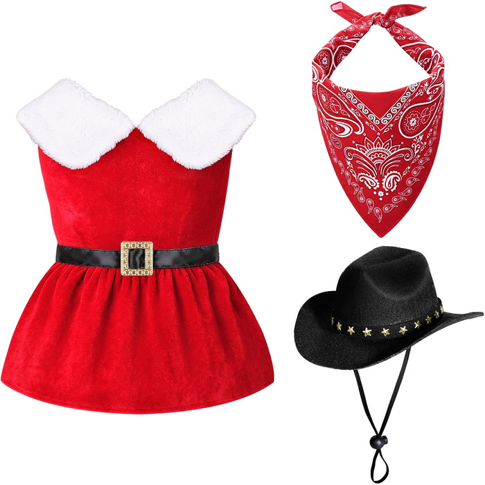 Костюм ковбоя для домашніх тварин SANSTHS, Halloween, червоне різдвяне вбрання з міні-ковбойським капелюхом та банданою для собак та котів, розмір M (великий, червоне вбрання та бандана з чорним капелюхом)