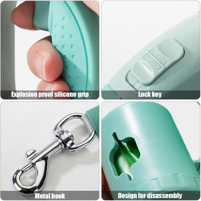 Висувна собача повідка з LED, зручний руків'я, тримач для відходів, для собак до 25 кг, зелена