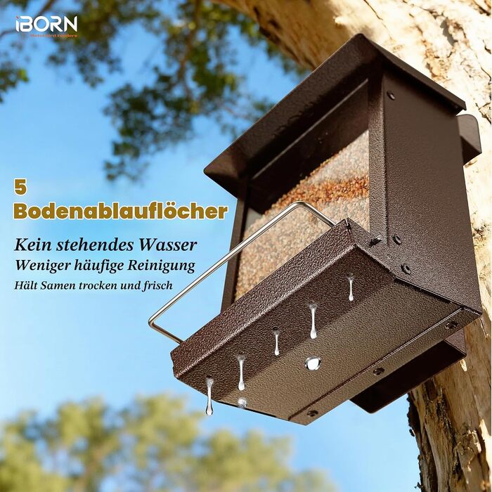 Годівниця для птахів iBorn Wand-Vogelfutterhaus для вулиці з металевим вологостійким дахом, навісна металева годівничка для дерева, паркану або стіни, легка в очищенні, колір кава