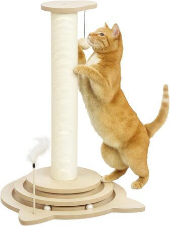 Котячий кігтеточки PawHut 4-в-1 з сизалю, 69 см, з іграшкою, для дому, дуб, 45 x 45 x 69 см