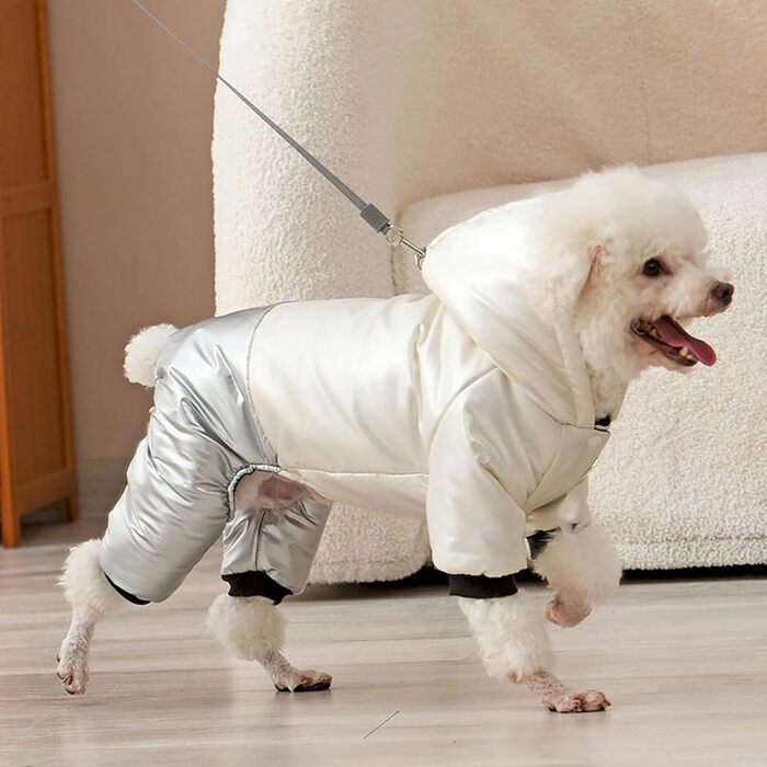 Зимовий комбінезон для собак, теплий, непродувний, водонепроникний, куртка для собак з капюшоном, модний, зручний зимовий костюм, сніговий костюм для собак середніх та великих порід, для прогулянок та походів (L, білий)