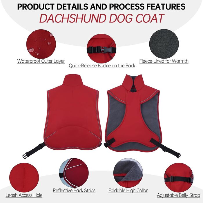Зимовий теплий куртка для собак - для такс, водонепроникний, з захистом живота та отвором для повідка - червоний