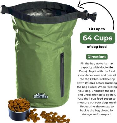 Сумка для корму для собак Callieco з лопаткою та кишенькою на блискавці, водонепроникний контейнер для дому, подорожей на авто, кемпінгу, перевезень літаком та іншого (Зелений, 32 чашки)