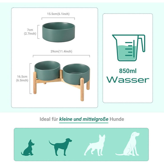 Миска для собак SpunkyJunky з кераміки, піднята годівниця, 850 мл, зелена