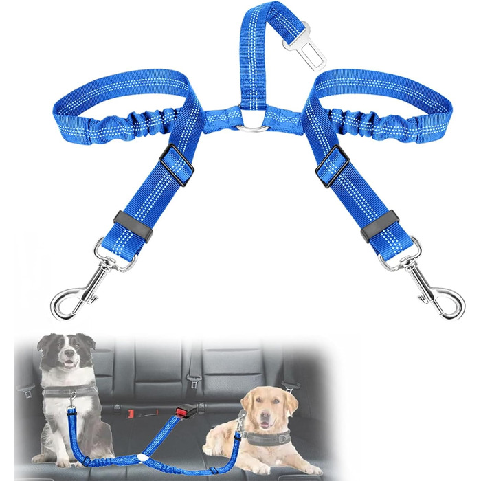 Авторемень для собак у машину, еластичний, з подвійним кріпленням, регульований (блакитний)