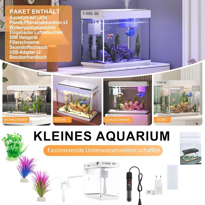 Акваріум Vehipa Nano 9L з підсвіткою, фільтром, обігрівачем та зволожувачем повітря (білий)