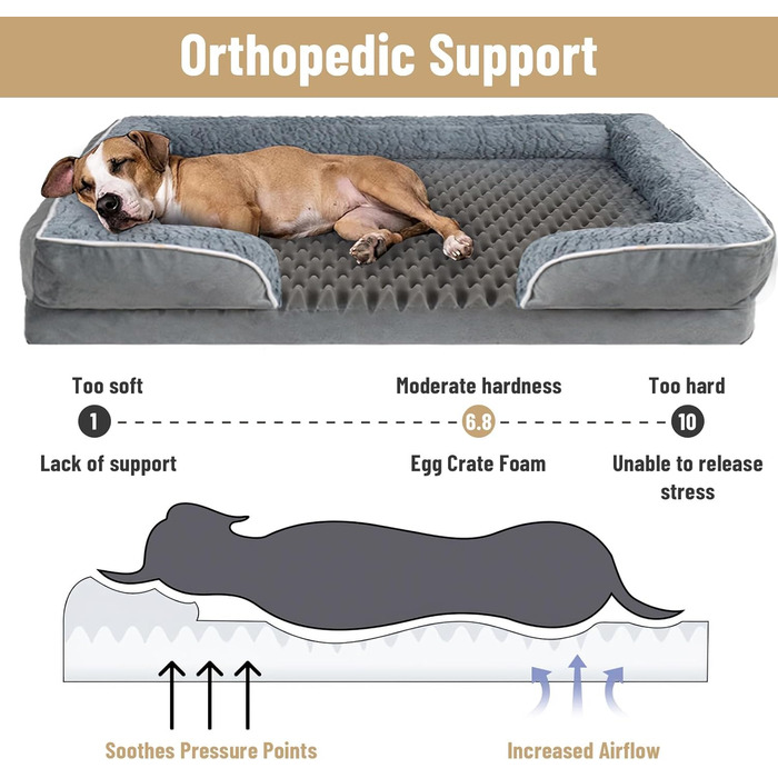 Ортопедичне ліжко для собак з піною-пам'яттю, знімний та пральний чохол, подушка-гніздо, неслизьке підложення та водовідштовхувальне покриття. Ліжко для собак з високим бортиком (XL 107*76 см)