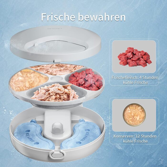 Автоматичний дозатор корму для котів та собак, 8oz*4 прийоми їжі, з таймером, акумуляторний, з блокуванням, 2 охолоджуючі акумулятори