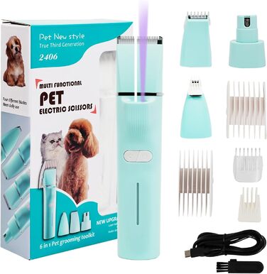 Набір для стрижки котів Dufuso Leise Schermaschine: 4 в 1, LED-підсвічування, професійний триммер для собак та котів, для догляду за лапами, очима, вухами, обличчям та тілом (білий/зелений)