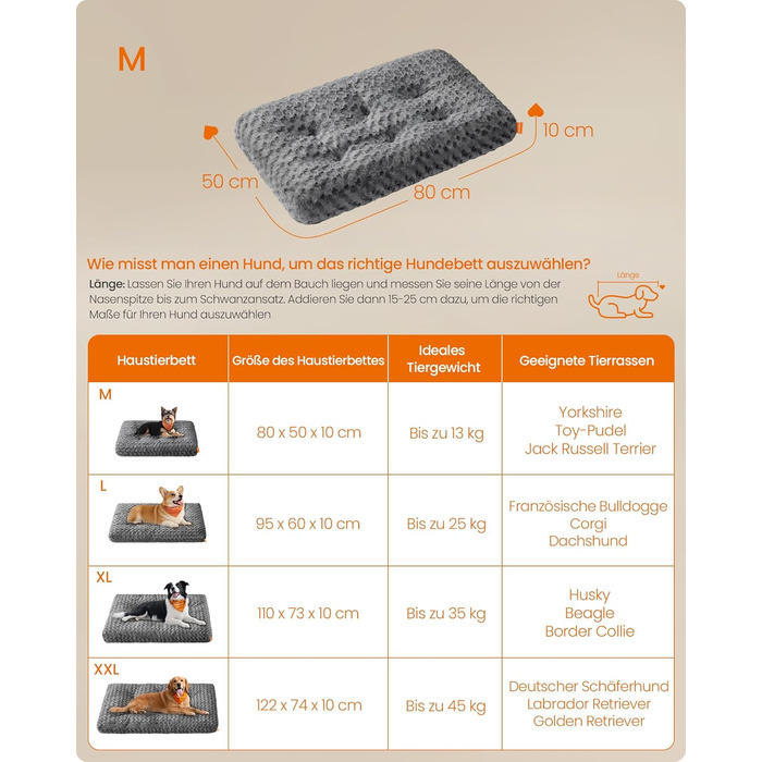 Ліжко для собак Feandrea XL, м'яке, плюшеве, 110 x 73 см, для великих собак, сірий, знімний чохол, антиковзаюче покриття