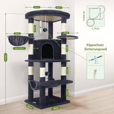 Котячий будиночок Globlazer з когтеточкою, 130 см, XL, темно-сірий. Стабільний кутовий комплекс з будиночком, платформою, гамаком та м'яким кошиком для великих котів.