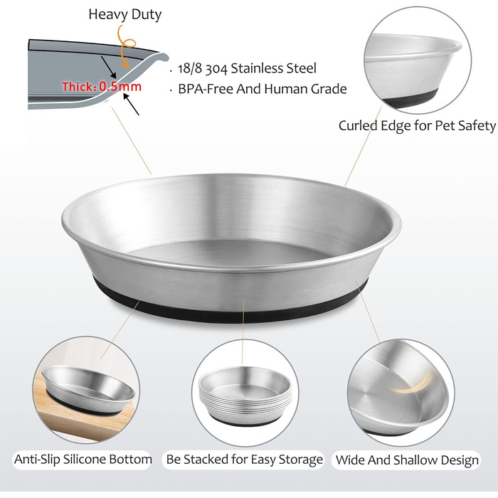 Миски для котів з нержавіючої сталі, зручні для вусів, плоскі, для корму та води, з неслизькою силіконовою основою, міцні, запасні металеві пластини для підставки, 3 шт.