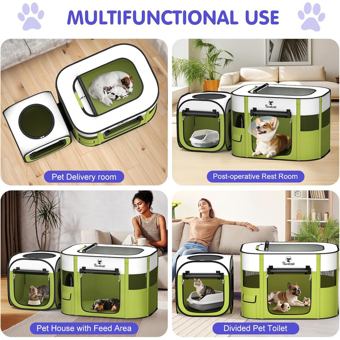 Pawaboo Зручний портативний вольєр для тварин, складаний вольєр для собак з водонепроникного оксфорду, клітка для котів з сумкою, мискою, для цуценят, котів, кроликів, для використання в приміщенні та на вулиці, зелений, M-80×60×55см, (2-в-1 вольєр, A-Біл