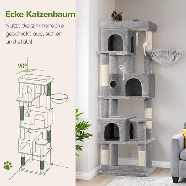 Драбина-стіл для котів Globlazer з 3 будиночками, платформа, 5 сизалевих стовпчиків, кошик та іграшками, 168 см, сірий