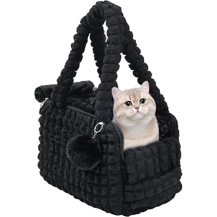 М'яка переноска для котів uuclume, стильна сумка-подушка з пухнастим м'ячиком та вентильованими сітчастими застібками, для цуценят до 5 кг / котів до 6,8 кг (чорна)