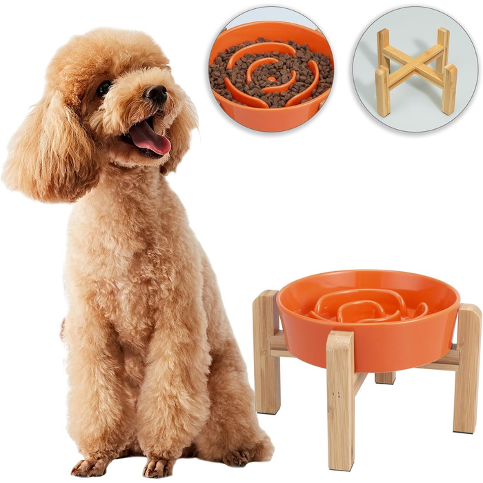 Антислизька годівниця для собак, кераміка, піднята - годівниця для собак на бамбуковому підставці, для повільного годування, для маленьких та середніх собак, білий, діаметр 17 см