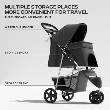 Візок для тварин: для собак та котів, 3 колеса, складаний, з кошиком та тримачем для напоїв, карбоновий чорний