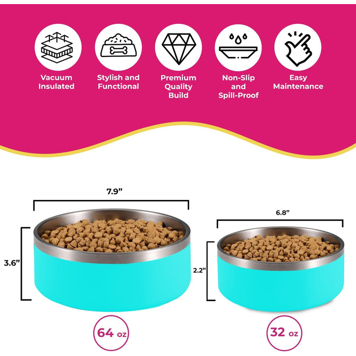 Миска для собак Glow Pups, нержавіюча сталь, вакуумна, 1,8 л, рожева, для середніх і великих порід, подвійні стінки, не ковзає, зберігає воду холодною