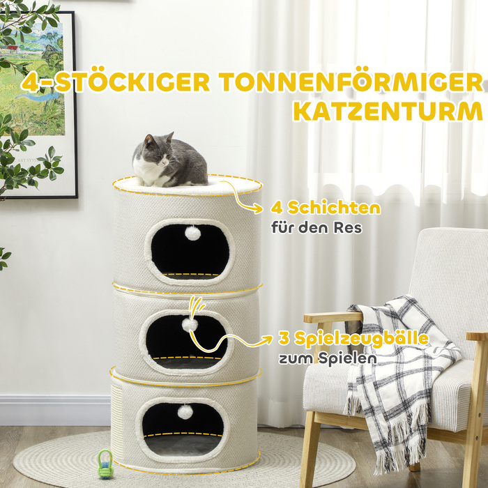 PawHut Scratching Barrel, висота 100 см Cat Barrel з 3 отворами, Cat Post з ігровими кулями, Cat Tower з Sisal, для котів до 6 кг, Бежевий+Кремово-білий | Аосом