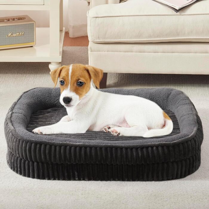 Ортопедичне ліжко для собак середніх порід, собаче ліжко з високощільним пінополіуретаном, для вольєру, з чотирибічною подушкою для шиї, знімний, пральний чохол, неслизьке дно 91x61x16 см (76x53x14 см), темно-сірий