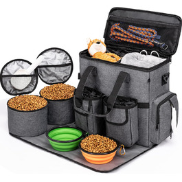 Сумка-переноска для собак Modoker, схвалена авіакомпаніями, органайзер для домашніх тварин з плечовим ременем, 2 контейнери для корму для собак, 2 складні миски для собак, темно-сірий