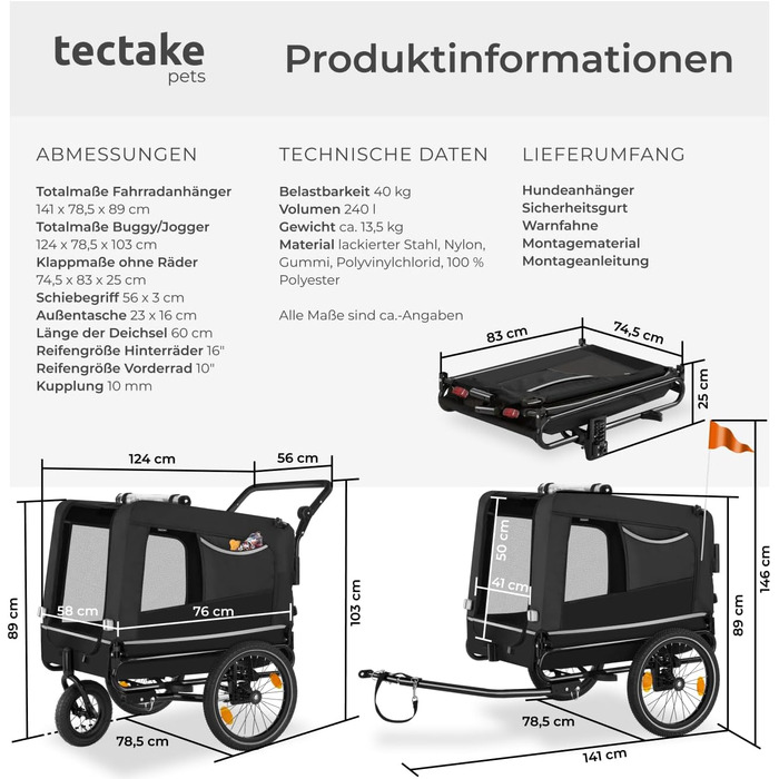 Причіп для велосипеда Tectake® - універсальний, для собак, велосипеда, електровелосипеда, візка, вантажопідйомність до 40 кг, складаний, швидкий монтаж, з аксесуарами безпеки, чорний
