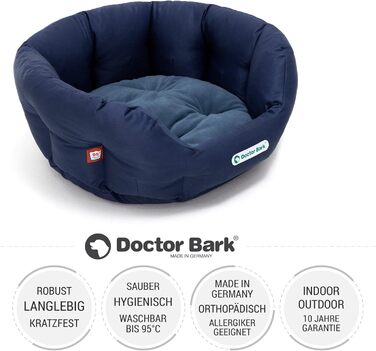 Кругле ліжко для собак Doctor Bark - м'яке собаче гніздочко для собак середніх порід з ортопедичною подушкою та іграшкою-кісткою. Можна прати до 95°C. Виготовлено в Німеччині (L - 60x50 см, Кьонігсблау)