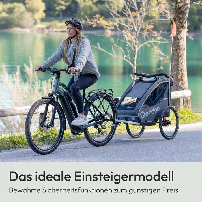 Причіп для велосипеда Qeridoo QUPA 1 з листковою підвіскою, складною кабіною, розширюваним сидінням, візок-причіп, регульована ручка, 5-точкова система ременів безпеки, для 1 дитини (Сірий)