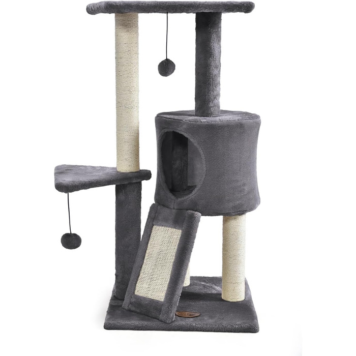 Дряпак для котів PATAM з сизалю, котяча печера та пандус, посилена основа, легка збірка – висота 83,5 см, іграшки Бежевий (Темно-сірий)