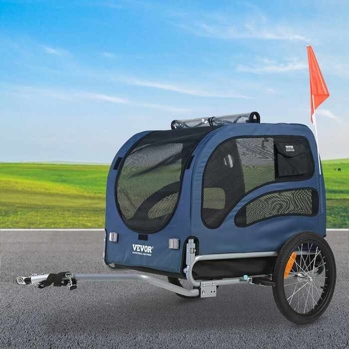 Фаркоп для собак VEVOR 30 кг 2в1: велосипедний причіп, візок для дітей, бугі для собак, джогер. Матеріал: вуглецева сталь, Oxford 600D, PP. Розміри: 1440 x 720 x 779 мм (причіп), 1400 x 720 x 830 мм (візок).